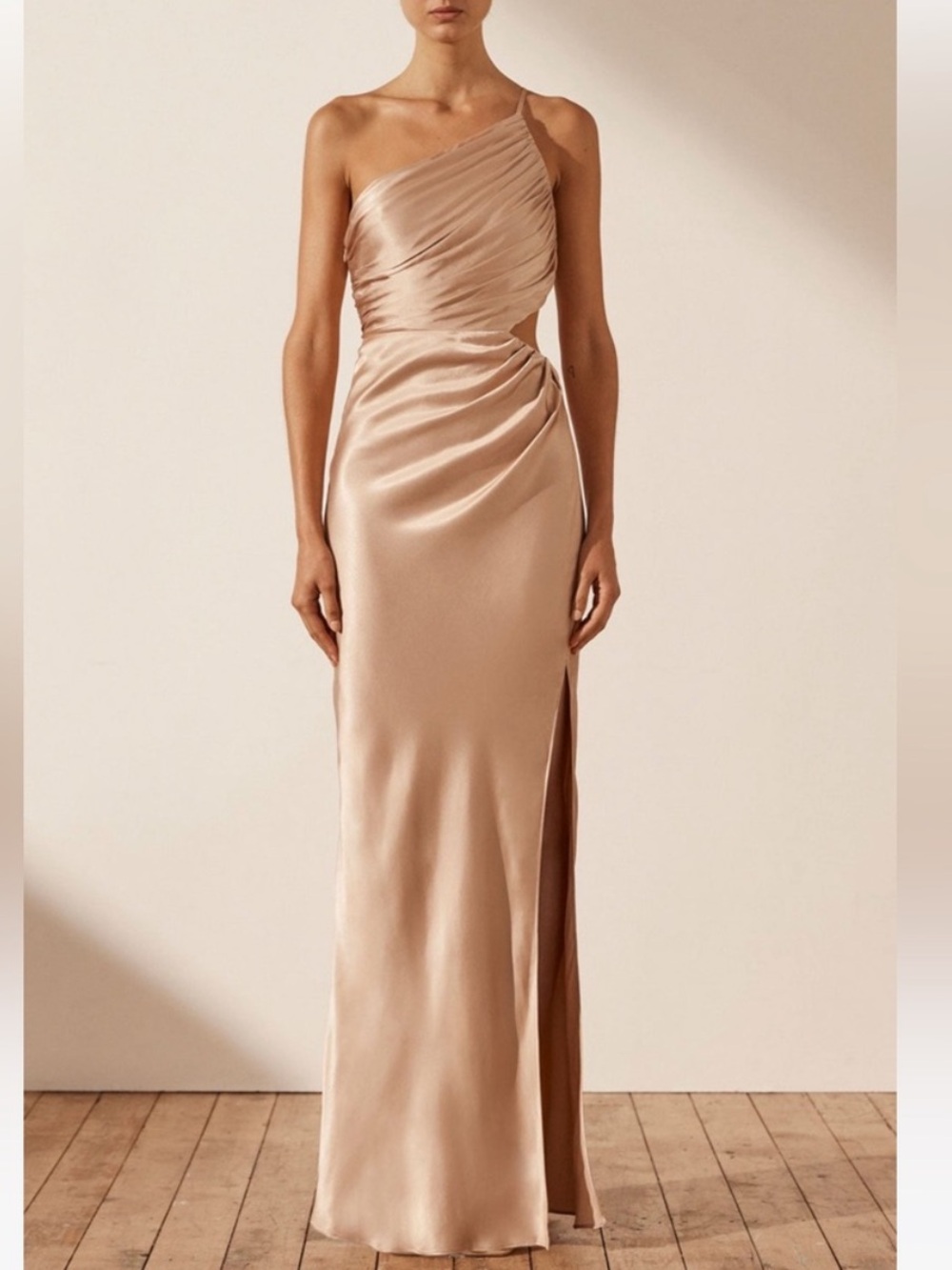 Shona Joy La Lune Asymmetrical Gathered Maxi Dress Gold/Champagne